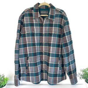 Eddie Bauer Flannel Shirt Jacket Mens XL Grey Blue Plaid HEFTY w Blue Lining